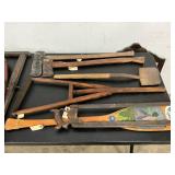 Early Tools Including Wooden Clamps, Hand Axes, and Paddle