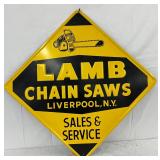 Embossed Metal ‘Lamb Chain Saws’ Sales and Service Sign, 32 1/2 Inches