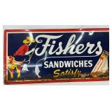 Convex Metal ‘Fishers Sandwiches Satisfy’ Advertising Sign, 48 x 24 Inches