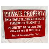 Early 36×24 Inch Porc. Private Property Sign by Bassett Furniture