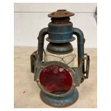 Early Metal and Glass Lantern with Red Lens, Measuring 6 in x 12 in