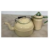 Early Cream and Green Porcelain Kettle and Coffee Pot Set