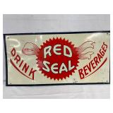 Red Seal Beverages Embossed Metal Advertising Sign by Parker Metal Dec. Co., 24×12 in.