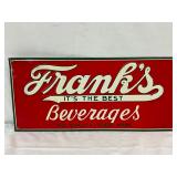 Embossed Metal Advertising Sign for Frank’s Beverages, 20in x 9in