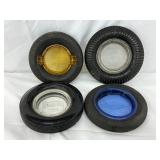 4 Tire-Themed Glass and Rubber Ashtrays Featuring Firestone, US Royal, and Diamond Branding