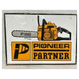 Embossed Metal Advertising Sign for Pioneer Partner Chainsaws, 28in x 20in