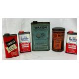 5 Vintage Tin Cans Featuring Treco, Waxon, Cold Bond, and Blue Ribbon