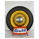 Gulf Tire Display with Yellow Painted Wheel and Advertiser Sign, 27 x 28 Inches