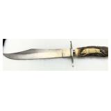 Carved Boar Fixed Blade Hunting Knife with Stag Handle Carved Boar Fixed Blade Hunting Knife with Stag Handle