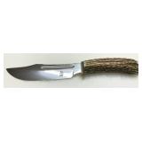 Fixed Blade Knife with Antler Handle and Engraved Blade Fixed Blade Knife with Antler Handle and Engraved Blade