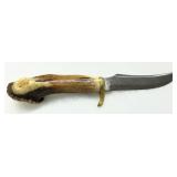 Antler-Handle Knife with Curved Steel Fixed Blade and Brass Guard Antler-Handle Knife with Curved Steel Fixed Blade and Brass Guard