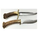 Two Antler Handle Knives with Fixed Blades and Brass Guard Two Antler Handle Knives with Fixed Blades and Brass Guard