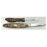 Two Figural Bronze Handle Pocket Knives with Steel Blades Two Figural Bronze Handle Pocket Knives with Steel Blades