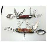 Two Multitool Folding Pocket Utensils with Red and Brown Handles