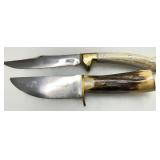 Two Stag Horn Handle Knives, with Fixed Blades and Brass Accents