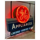 Original Porc. Double Sided GE Appliances Neon Sign, 55in x 50in w/ 10in. can 