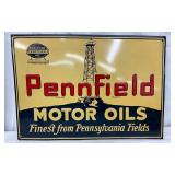 Emb. Penn Field Motor Oils Tin Sign, 20×14, Made by Donaldson Art Sign Co.