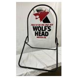 1979 DS Wolf’s Head Motor Oil Sign Sidewalk Stand, 23x30 