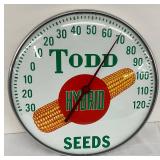 12in Todd Hybrid Seeds Glass Front Thermometer with Corn Graphic