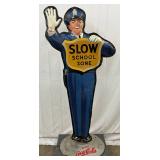 1956 Coca-Cola Die Cut Police Crossing Sign with Cast Base, 29in x 63in