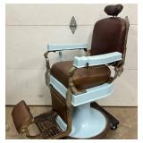 Early Koken Porcelain Barber Chair with Brown Upholstery and Light Blue Base
