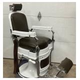 Koken Porc. Barber Chair with Brown Upholstery and Metal Accents