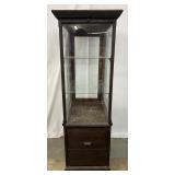 Wooden Display Case with Glass Panels and Single Drawer, 22in x 29in x 64in