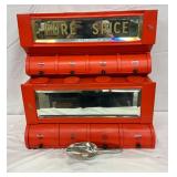 Red Metal Spice Cabinet with Mirror-Back Glass and Hinged Compartments, 14 x 24 1/2 x 25 