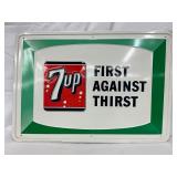 1966 Emb. 7UP ‘First Against Thirst,’ Tin Sign  No. 21, Made in USA, 27×19 