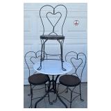 Early Ice Cream Parlor Table with Marble Top and Three Wrought Iron Chairs