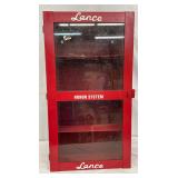 Early Lance Red Metal Honor System Cabinet with Glass Front, 14×26 Inches