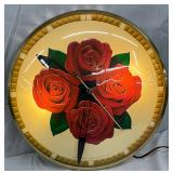 Foster and Kleiser Light-Up Glass Clock w/ Red Roses Graphics, 15in Diameter