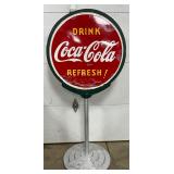 Porc.  Coca-Cola Lollipop Sign on Stand, 30in x 64in