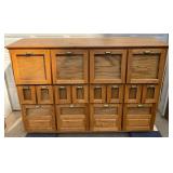Oak Seed Cabinet with 18 Compartments and Brass Pulls, Measures 82x23x55 