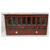 Wooden Cabinet With Glass Compartments, Hooks, and Two Drawers, 25in x 12in