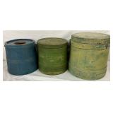 3 Painted Wooden Buckets with Hinged Handles, 9-11 1/2″