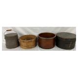 Four Wooden Buckets and Lidded Containers
