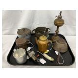 Metal Kitchenware and Accessories, Including Brass Lamp and Storage Pots