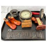 Vintage Items Including Gauge, Thermometers, and Decorative Boots