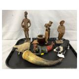 Painted and Carved Wooden Figures with Sheep Horn