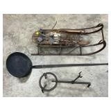 Vintage Wooden Sled, Cast Iron Long-Handled Pan, And Metal Trivet Set