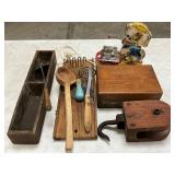 Vintage Wooden Kitchen Utensils, Tools, and Tin Toy