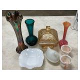 Decorative Glassware Including Vases, Covered Box, Bowls, and Trinket Dish