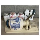 Vintage Milk Glass Spice Jars and Delft-Style Wall-Mounted Grinder