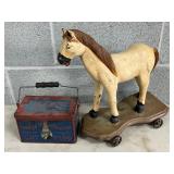 Painted Wood Horse-on-Wheels Toy with George Washington Cut Plug Tobacco Tin