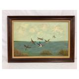 Framed Oil on Canvas Painting of Ducks in Flight by G. West, 29×19 Inch