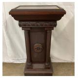 Wooden Pedestal Stand with Floral Carved Accents and Marble Top, 18×32