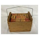Wooden Box with Assorted Vintage Alphabet Blocks and Wire Handle Wooden Box with Assorted Vintage Alphabet Blocks and Wire Handle