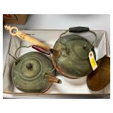 Vintage Copper and Brass Tea Kettles with Wooden Handles and Brass Strainer Vintage Copper and Brass Tea Kettles with Wooden Handles and Brass Strainer