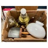 Box Lot With Brass Oil Lamps, Milk Glass Hobnail Shade, and Vintage Metal Scoop Box Lot With Brass Oil Lamps, Milk Glass Hobnail Shade, and Vintage Metal Scoop